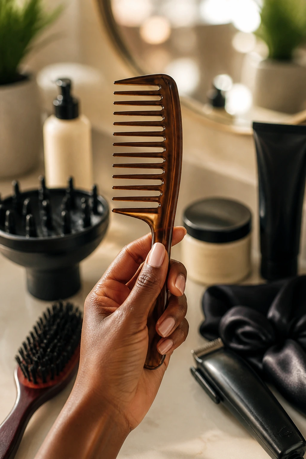 Hand holding wide-tooth comb among styling tools