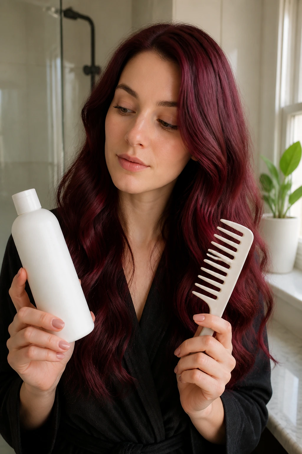 Hands holding hair care tools in front of burgundy hair