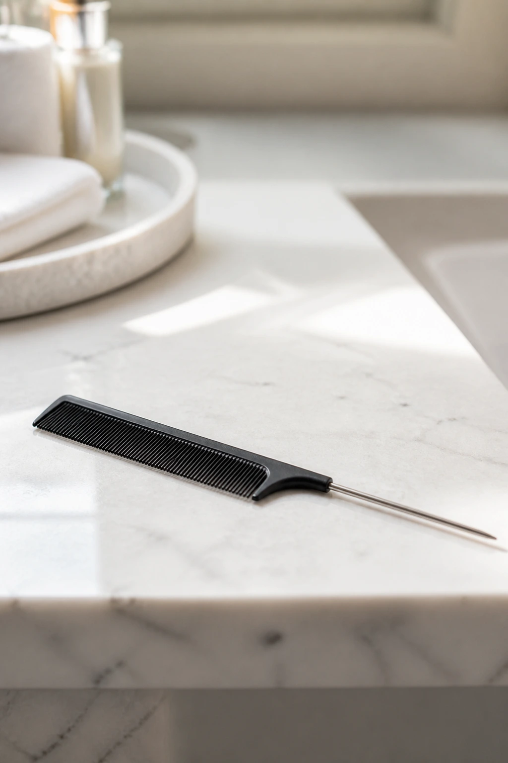 Close-up of a fine-tooth rat-tail comb on a bathroom vanity