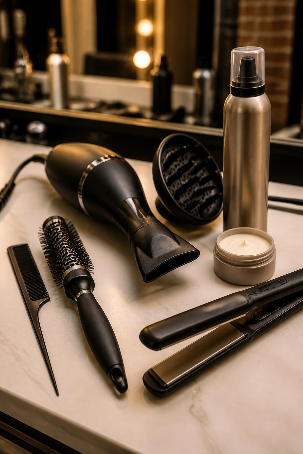 Close-up of various short-hair tools neatly arranged on a counter