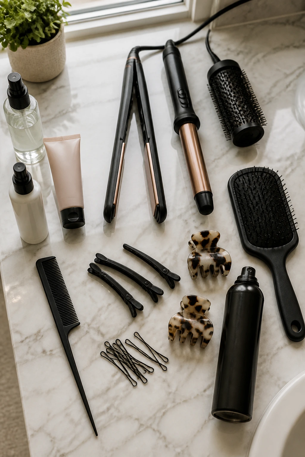 Top-down arrangement of hair tools on a clean bathroom counter