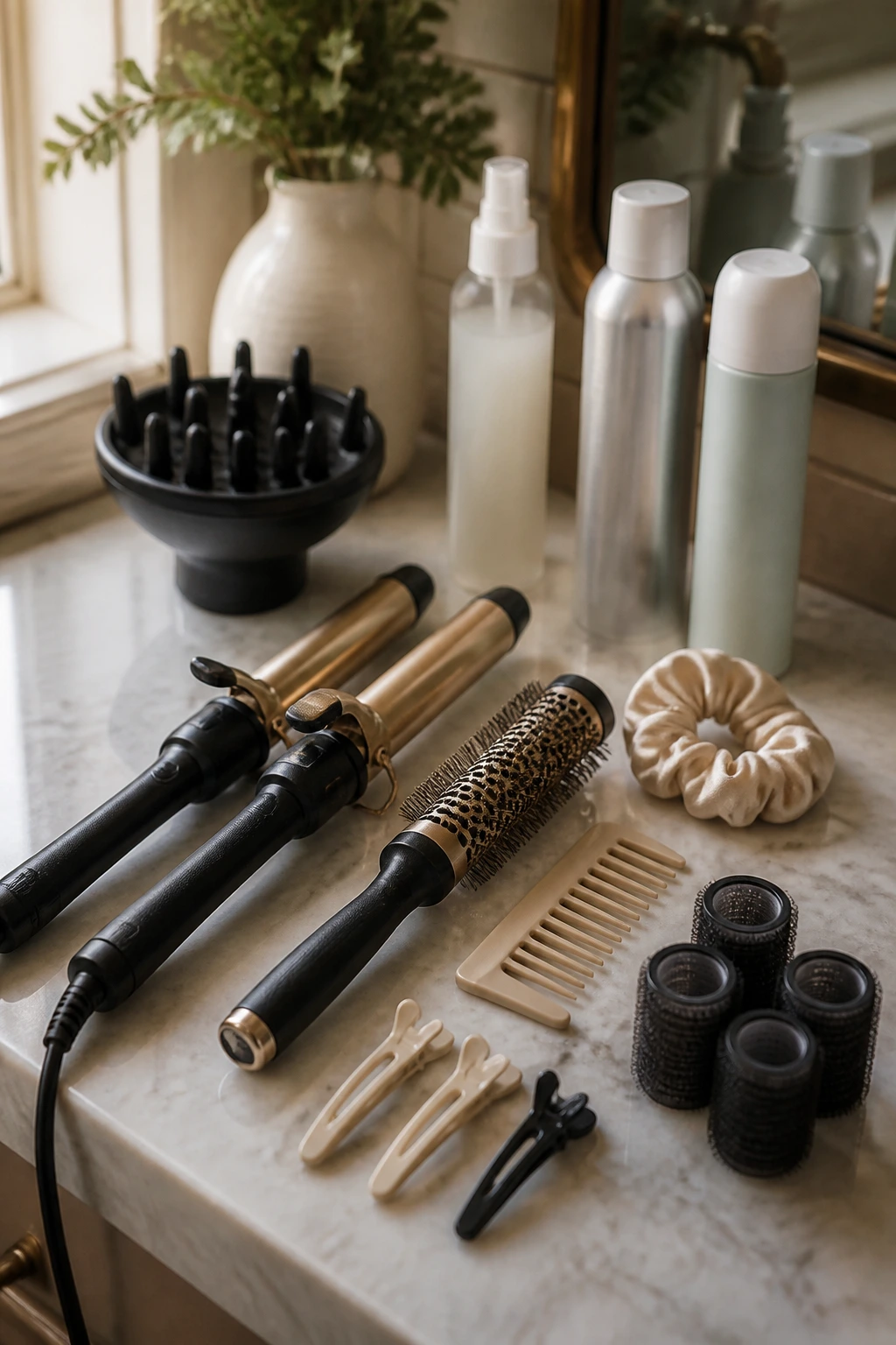 Close-up still life of hair styling tools on a bathroom counter for voluminous curls