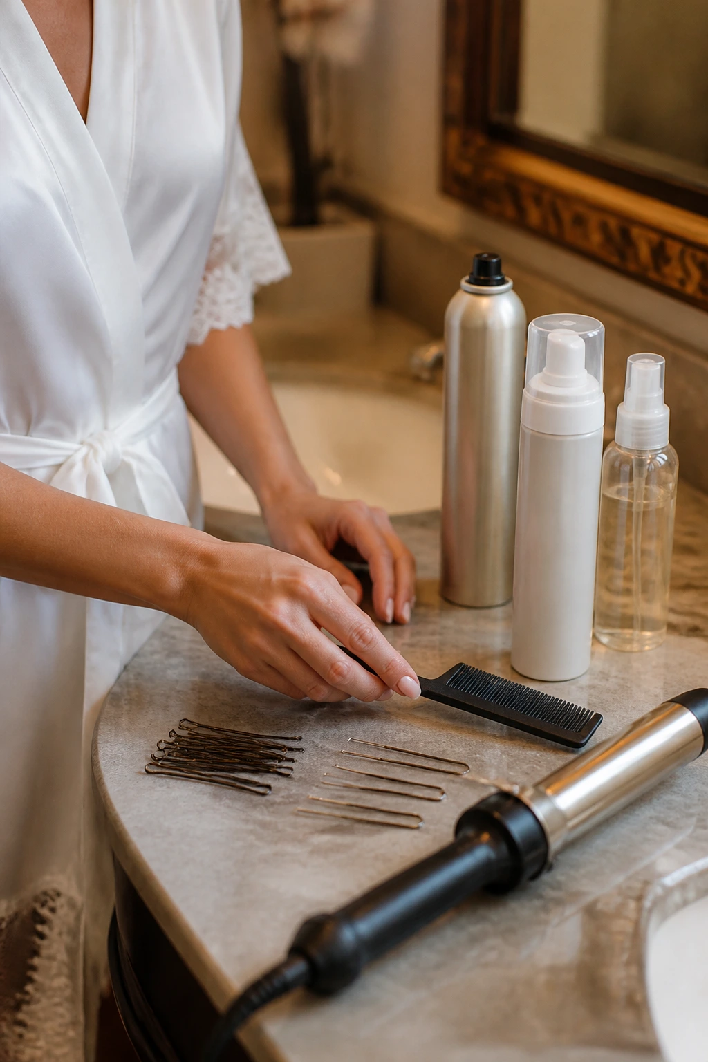 Close-up hands with tail comb and hair tools on a vanity