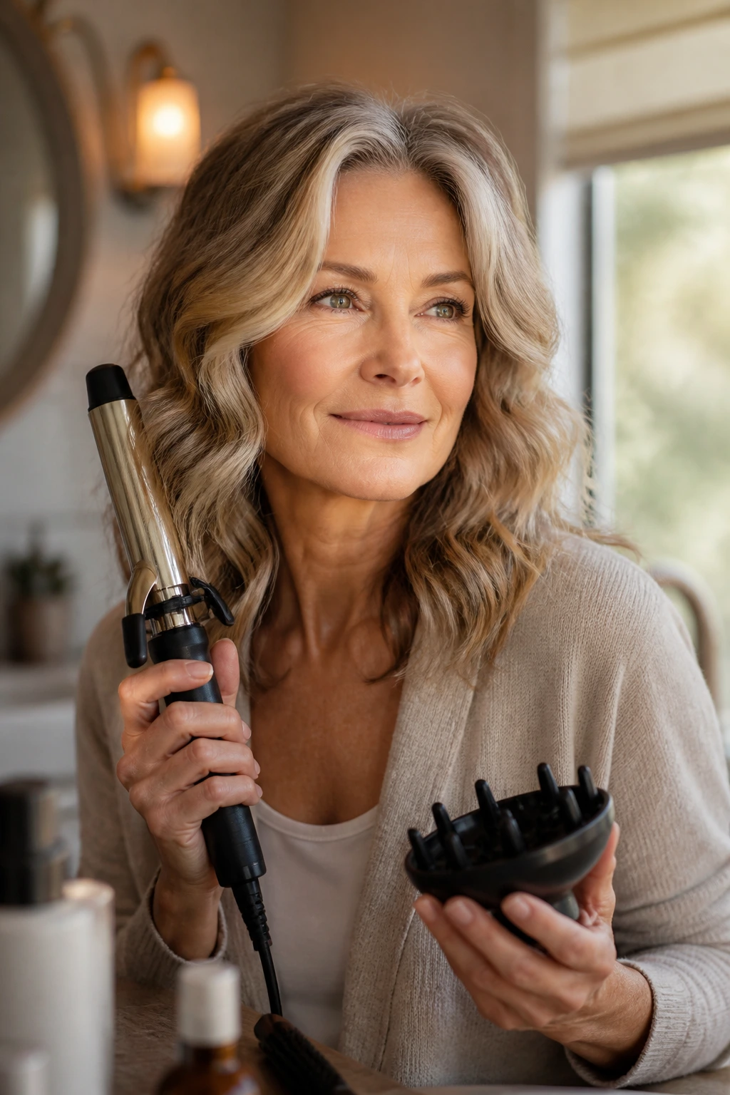 Hands holding curling iron and diffuser near a woman's waves in a bathroom vanity