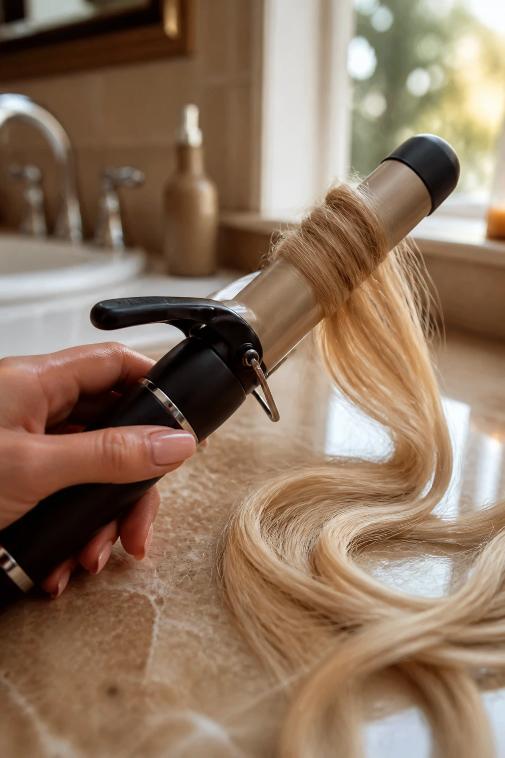 Close-up of a curling iron held by a hand in a warm bathroom for blonde hair care.