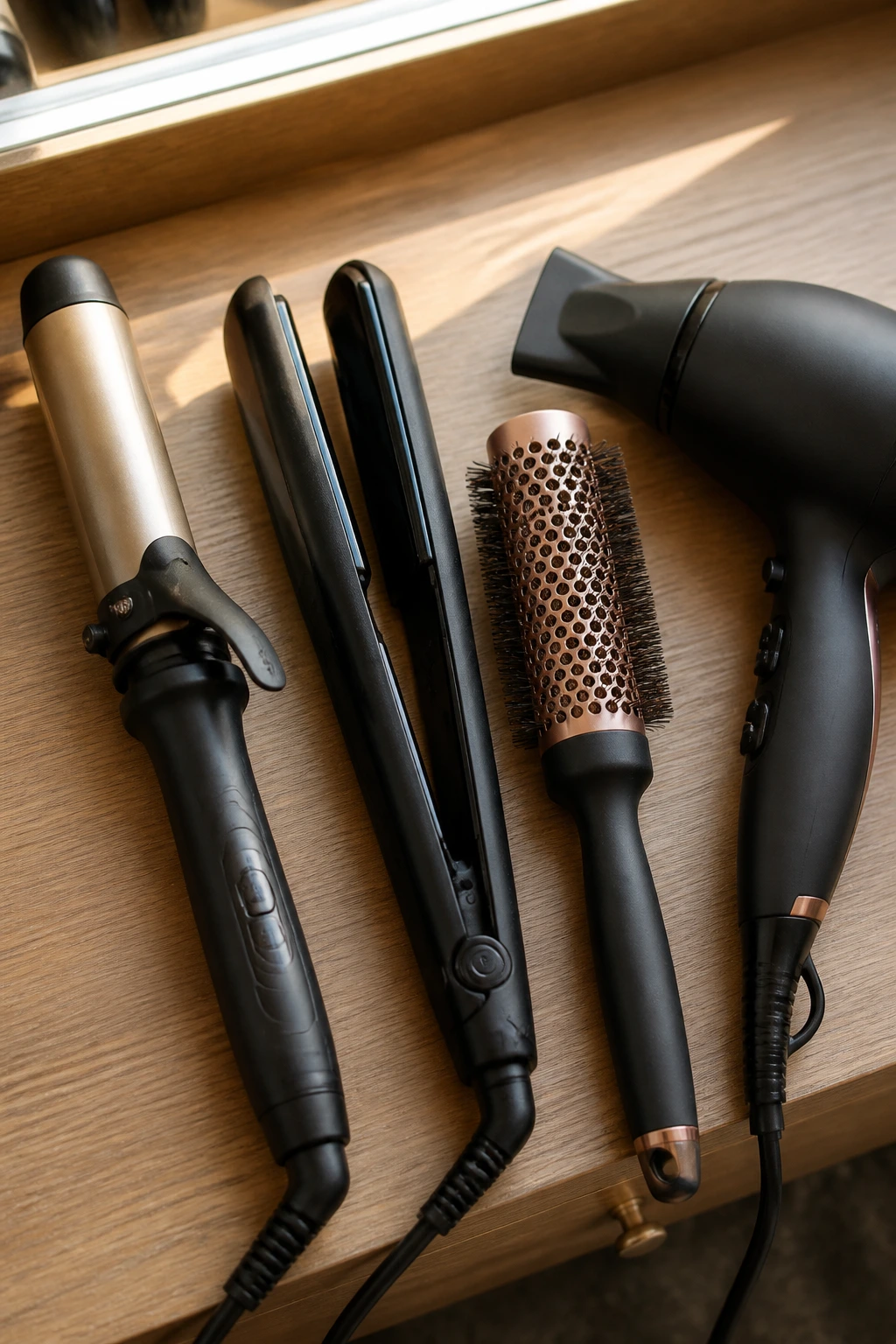 Top-down view of essential hair styling tools on a wooden vanity