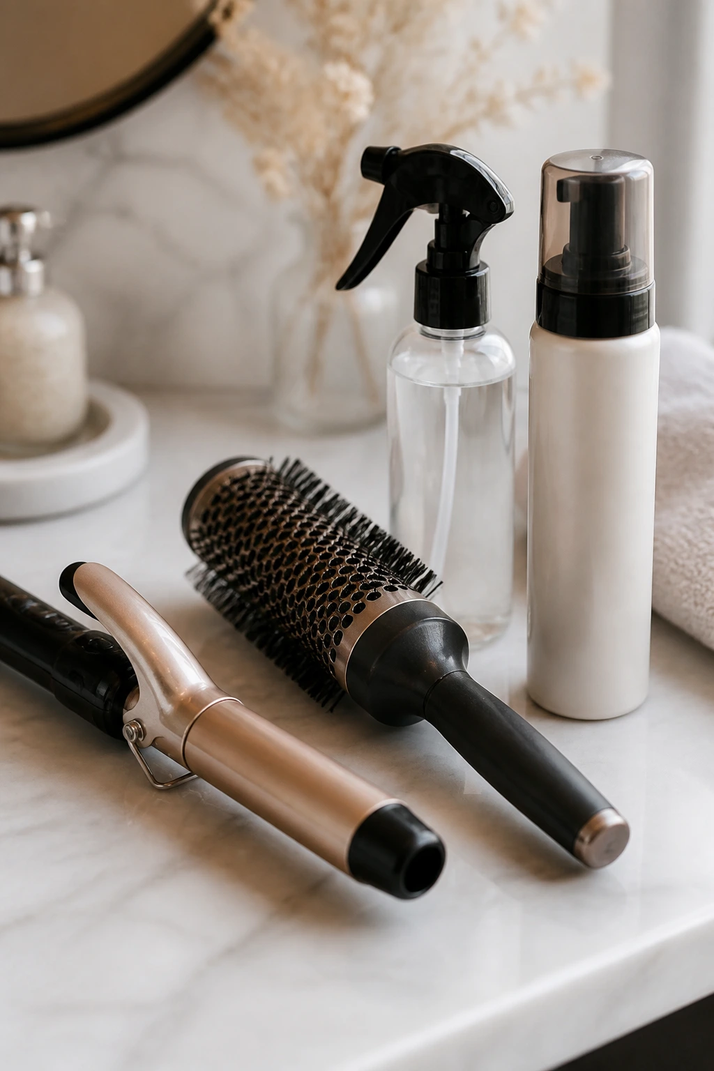 Close-up still life of hair tools on a bathroom vanity with no text