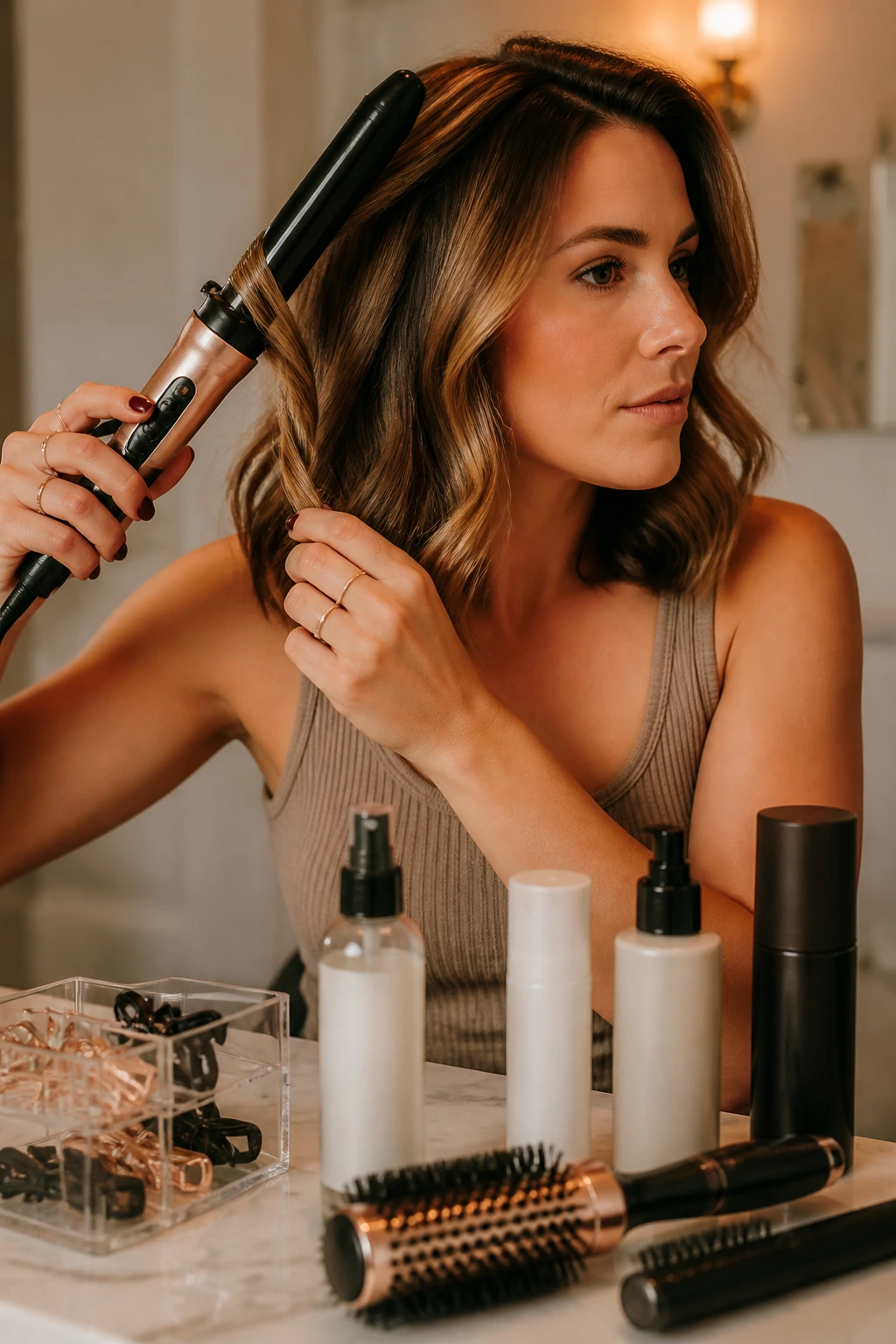 Portrait of a woman holding styling tools while her hair forms soft waves