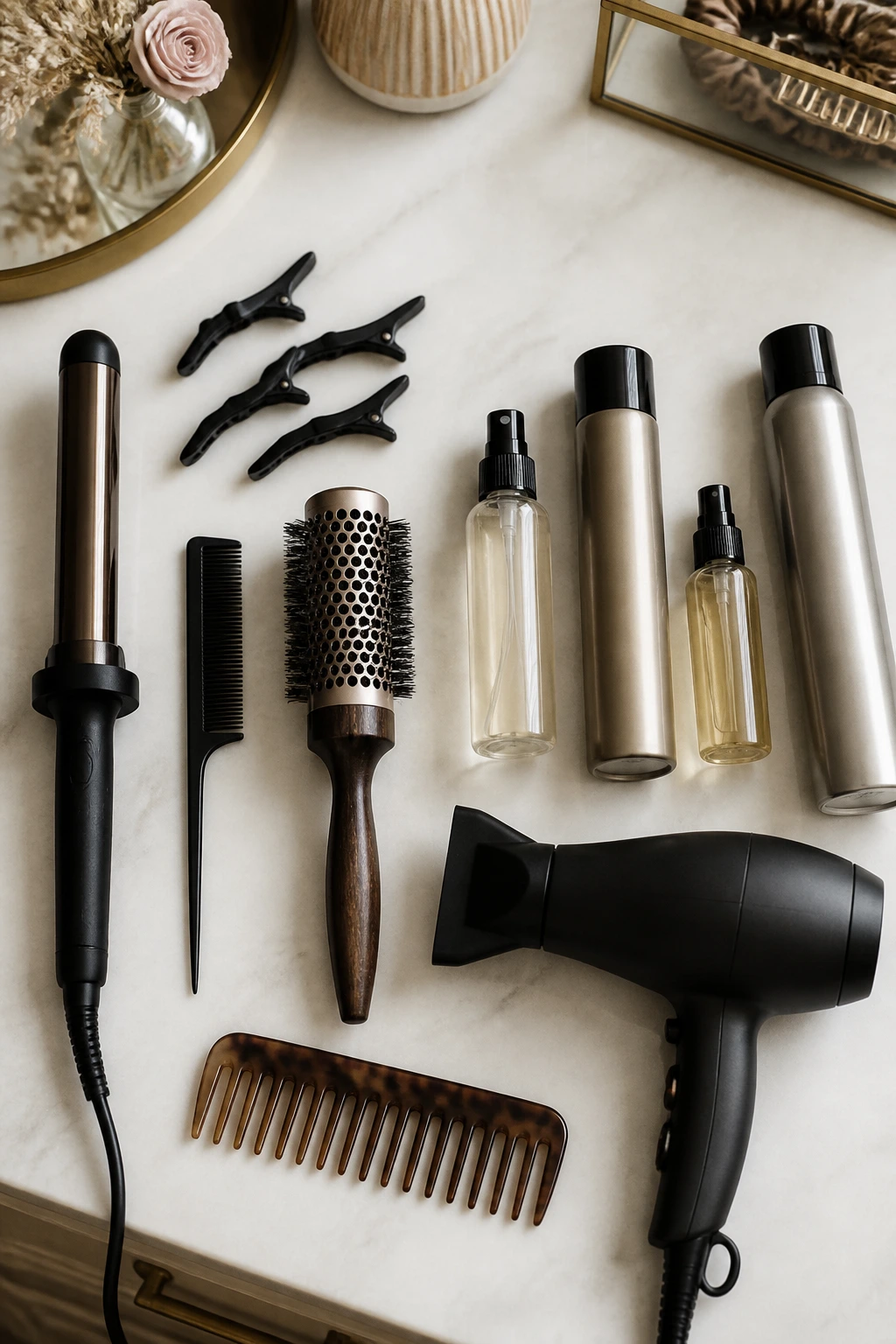 Flat-lay of hair tools including curling wand, comb, clips, sprays