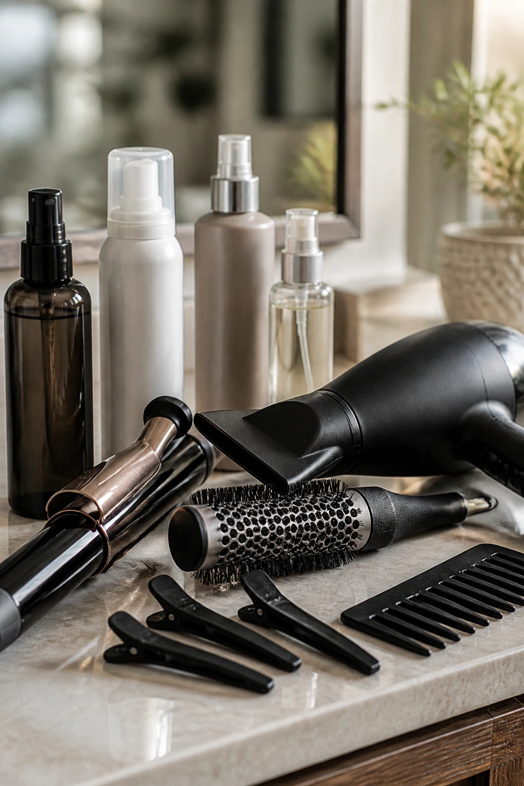 Macro shot of hair styling tools arranged on a vanity for waves and lowlights.