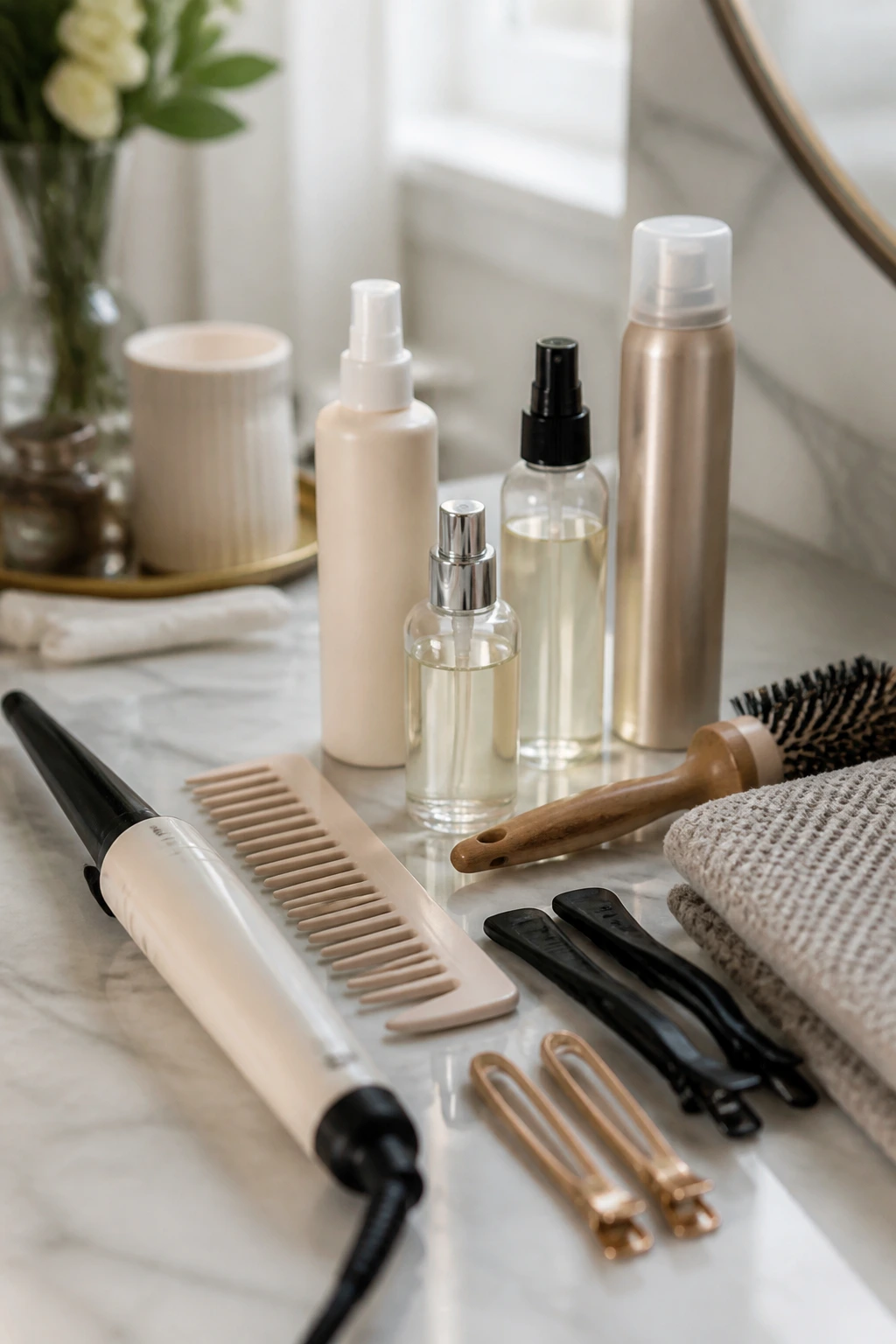 Curated set of hair styling tools on a clean vanity