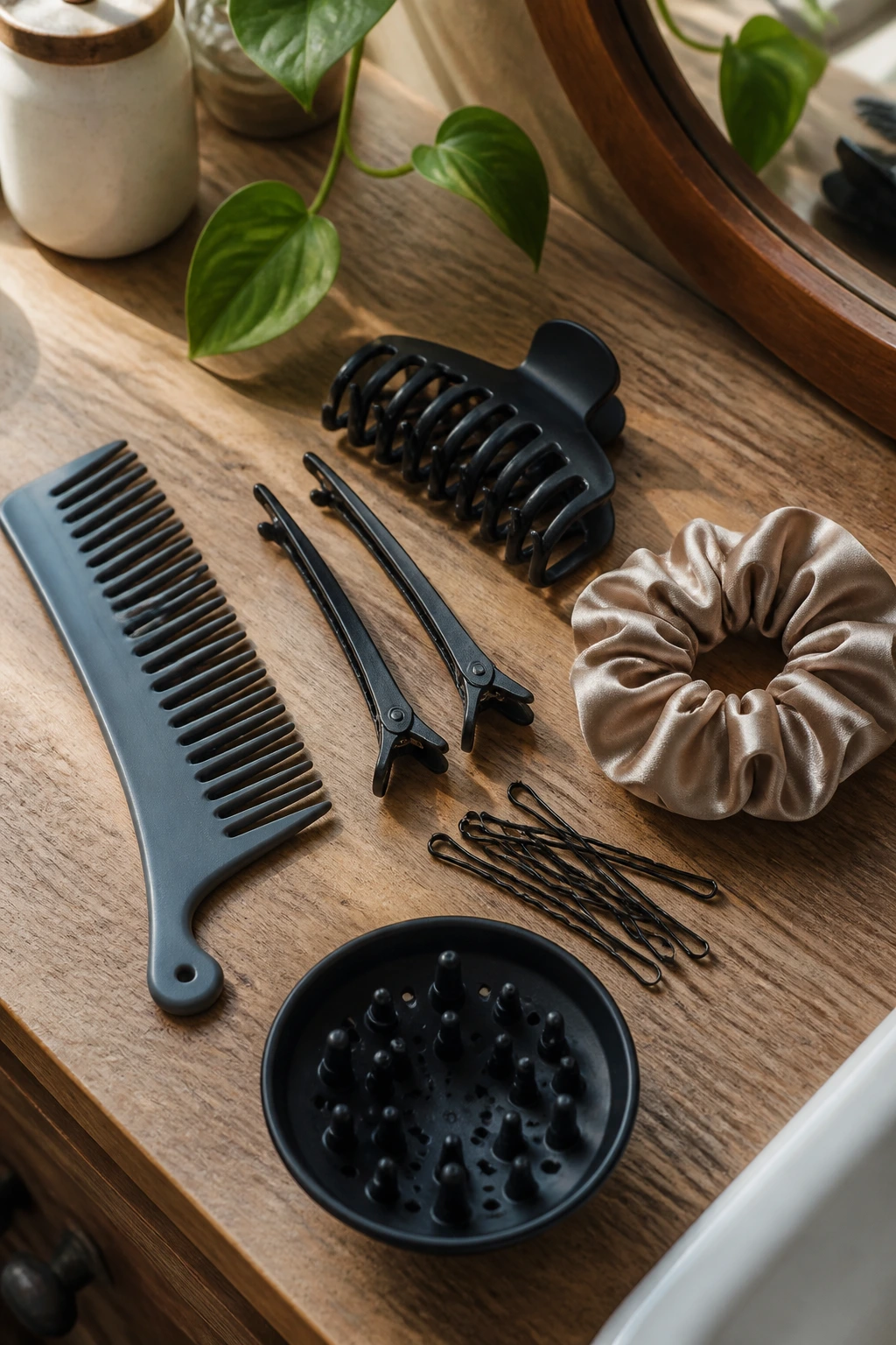 Overhead view of essential curly hair tools arranged on a vanity