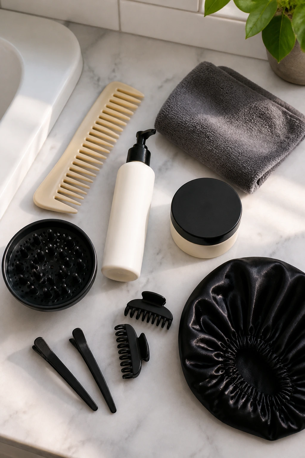 Top-down view of unlabeled hair tools for short curly hair arranged on a counter.