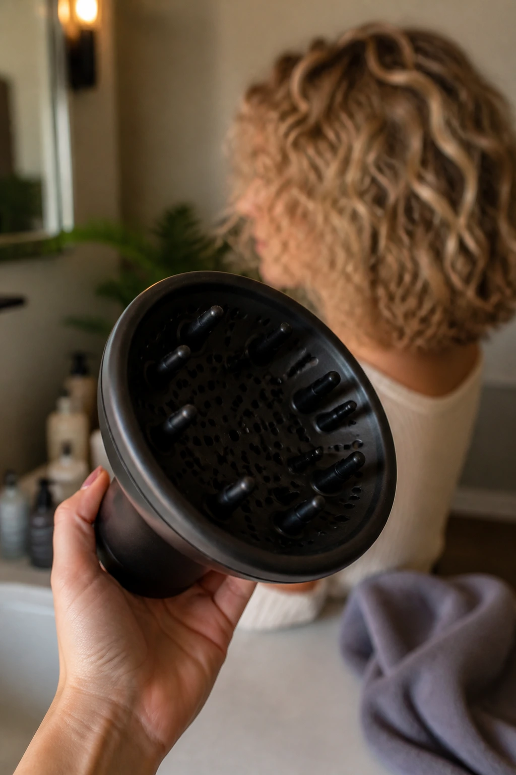 Close-up of essential hair tools (diffuser) held in hand with blurred curly hair in background