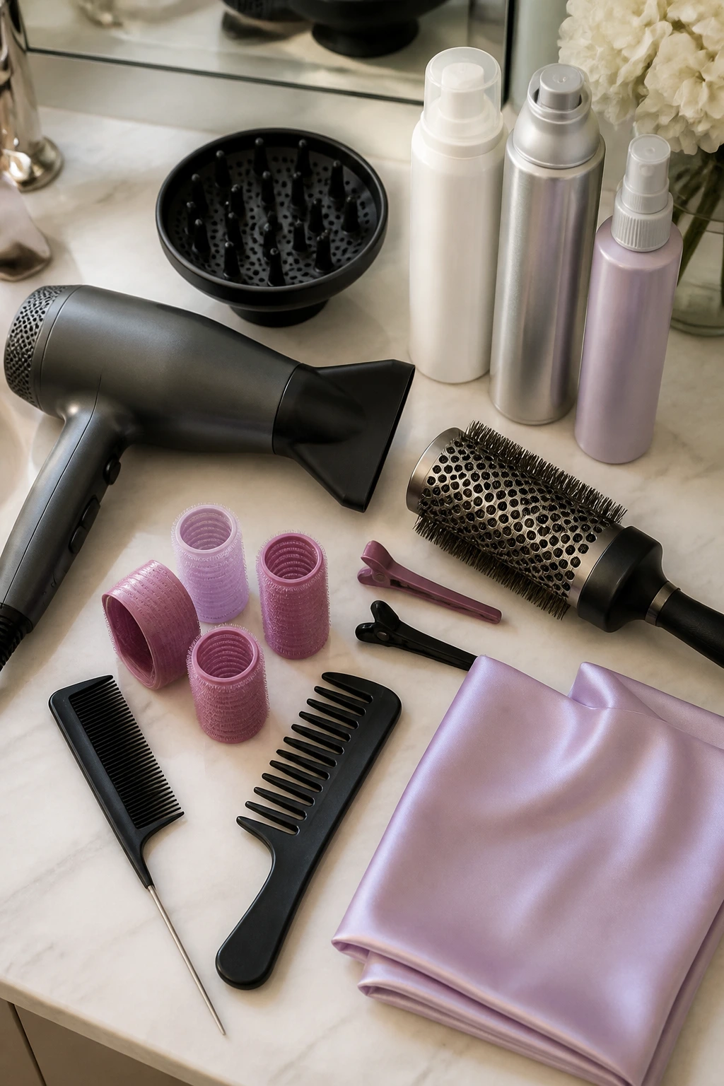 Arrangement of essential hair tools for wavy hairstyles on a vanity.