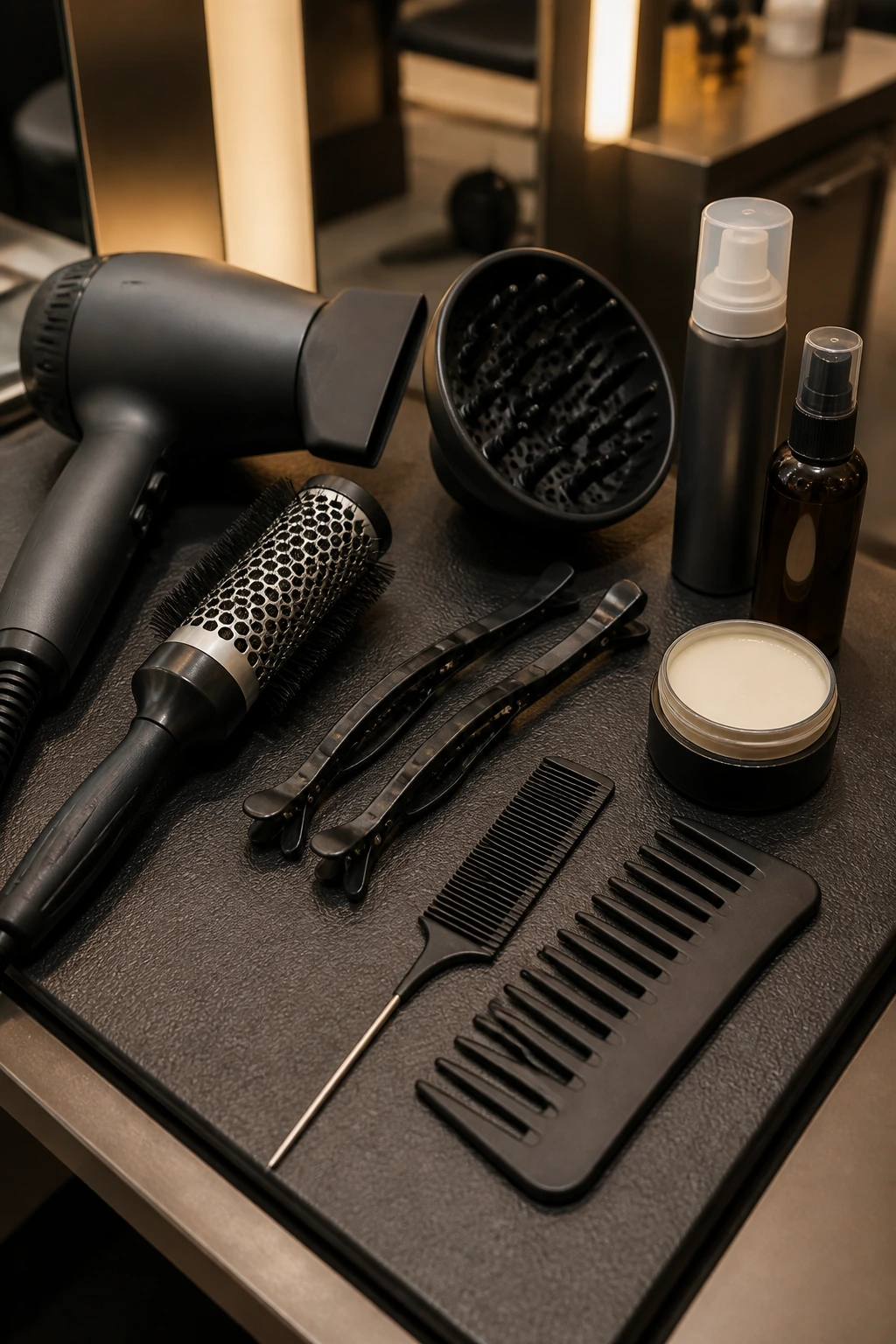 Close-up of essential hair tools for thick short hair arranged on a salon counter.