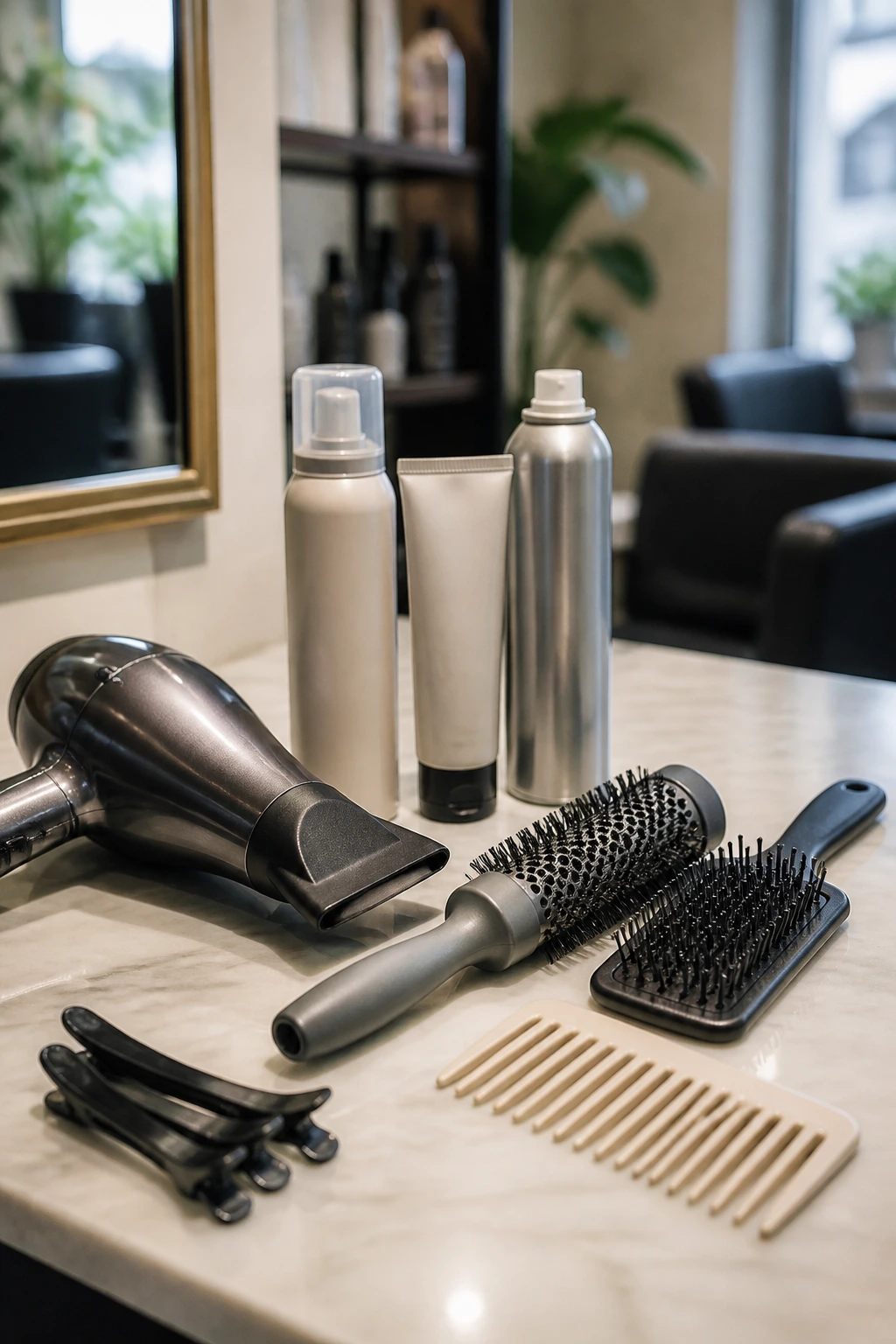 Salon tools arranged on counter for styling medium-length cuts