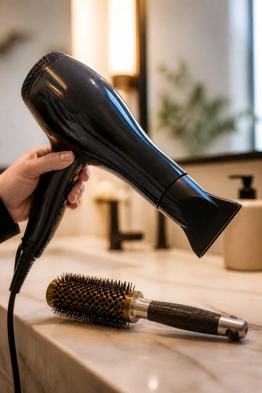 Close-up of a hair dryer with concentrator nozzle on a bathroom counter