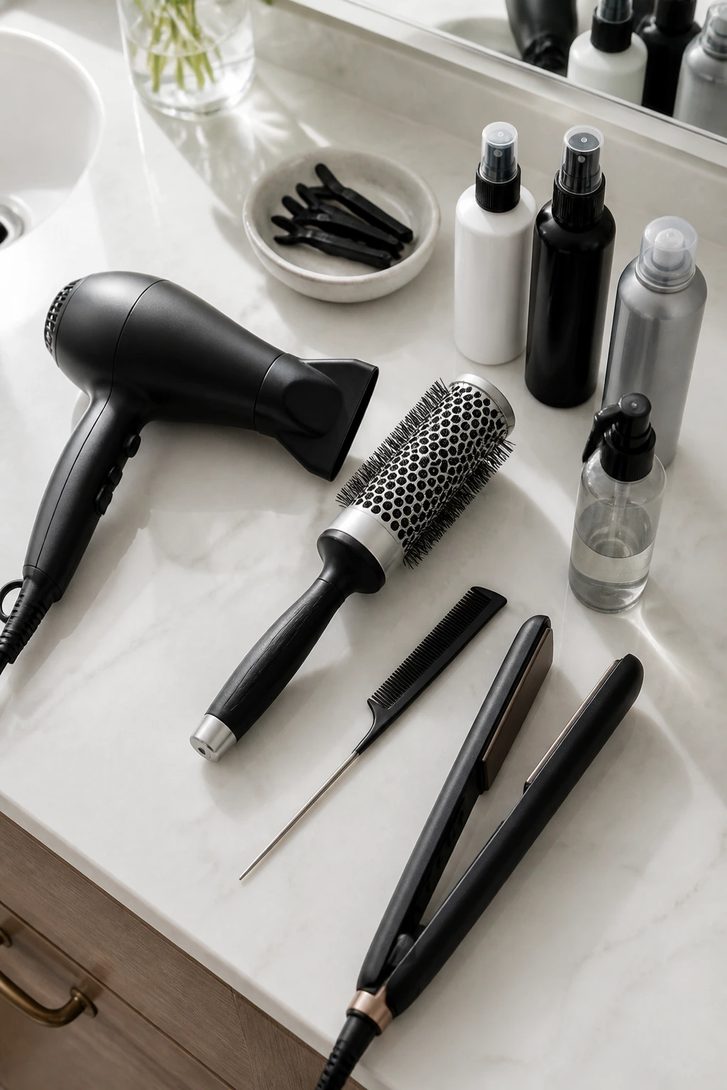 Close-up of essential hair styling tools for A-line bob styles
