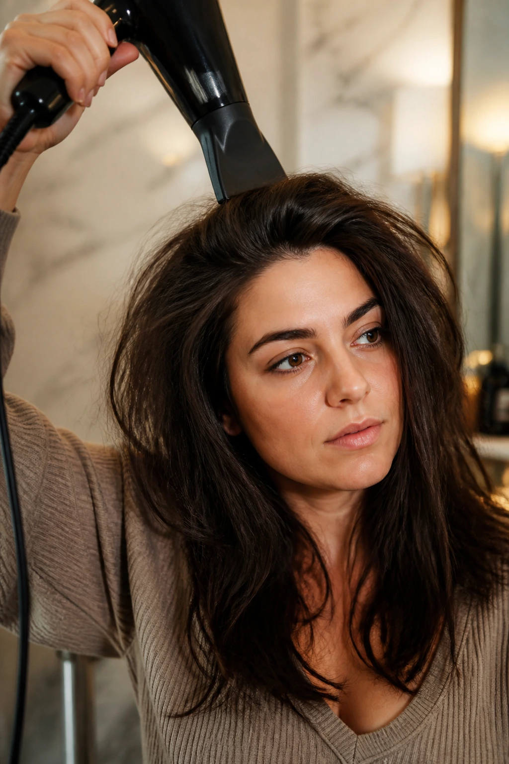 Close-up of a person styling thick hair with a concentrator nozzle hair dryer