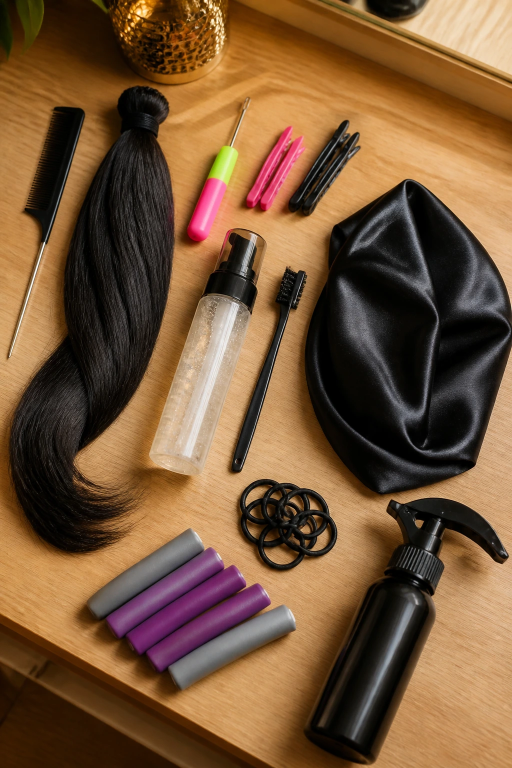 Top-down flat-lay of essential hair tools for side-swept looks.