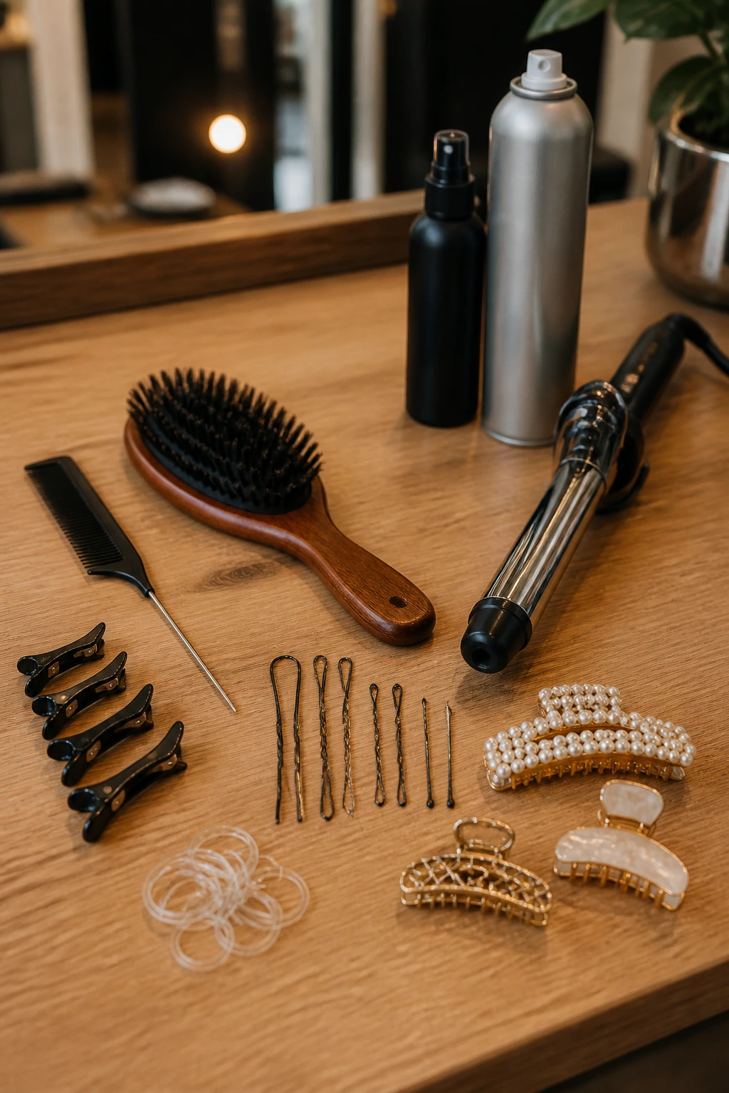 Close-up still life of essential hair tools laid out on a wooden vanity.