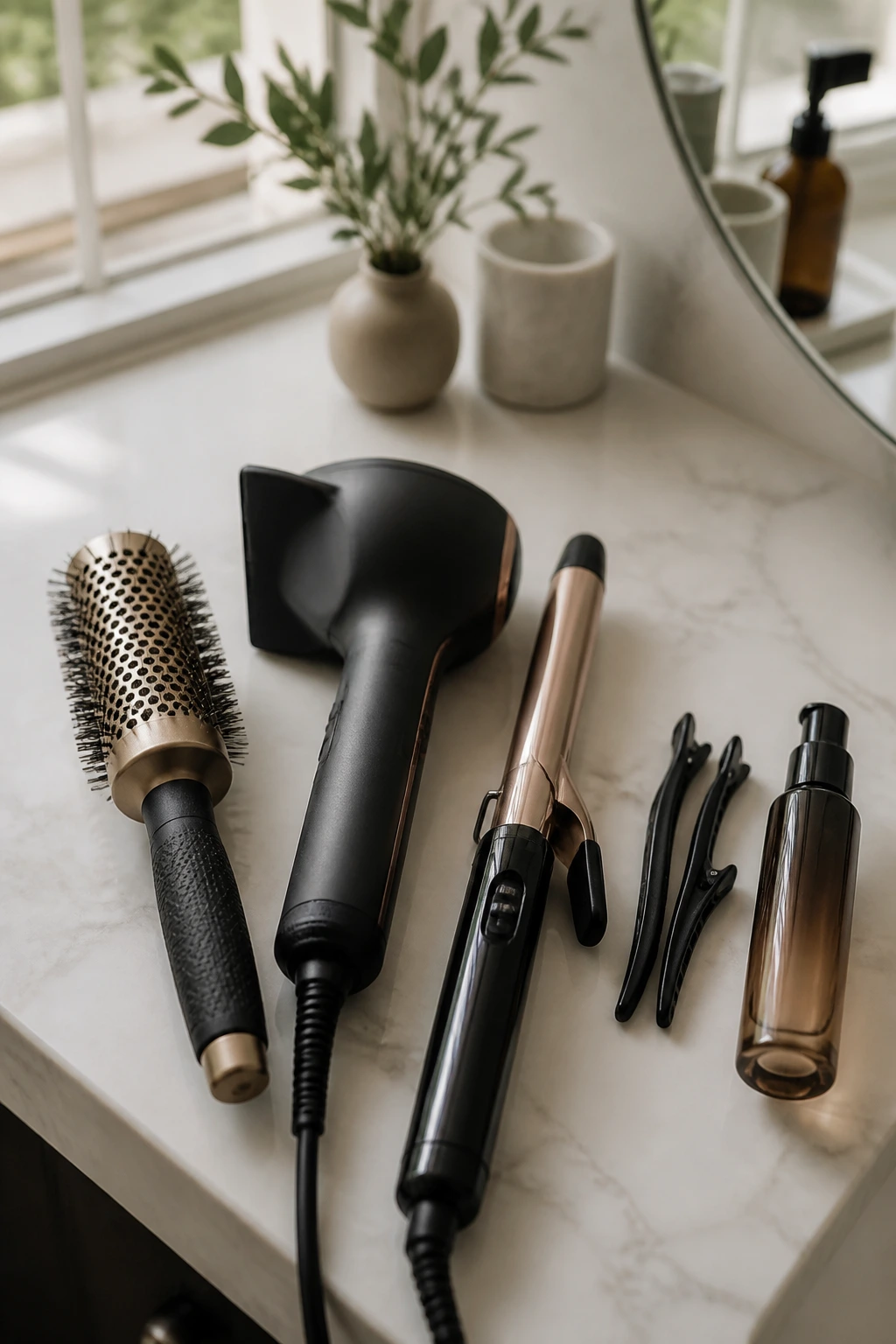 Tools for face-framing brunette looks arranged on vanity