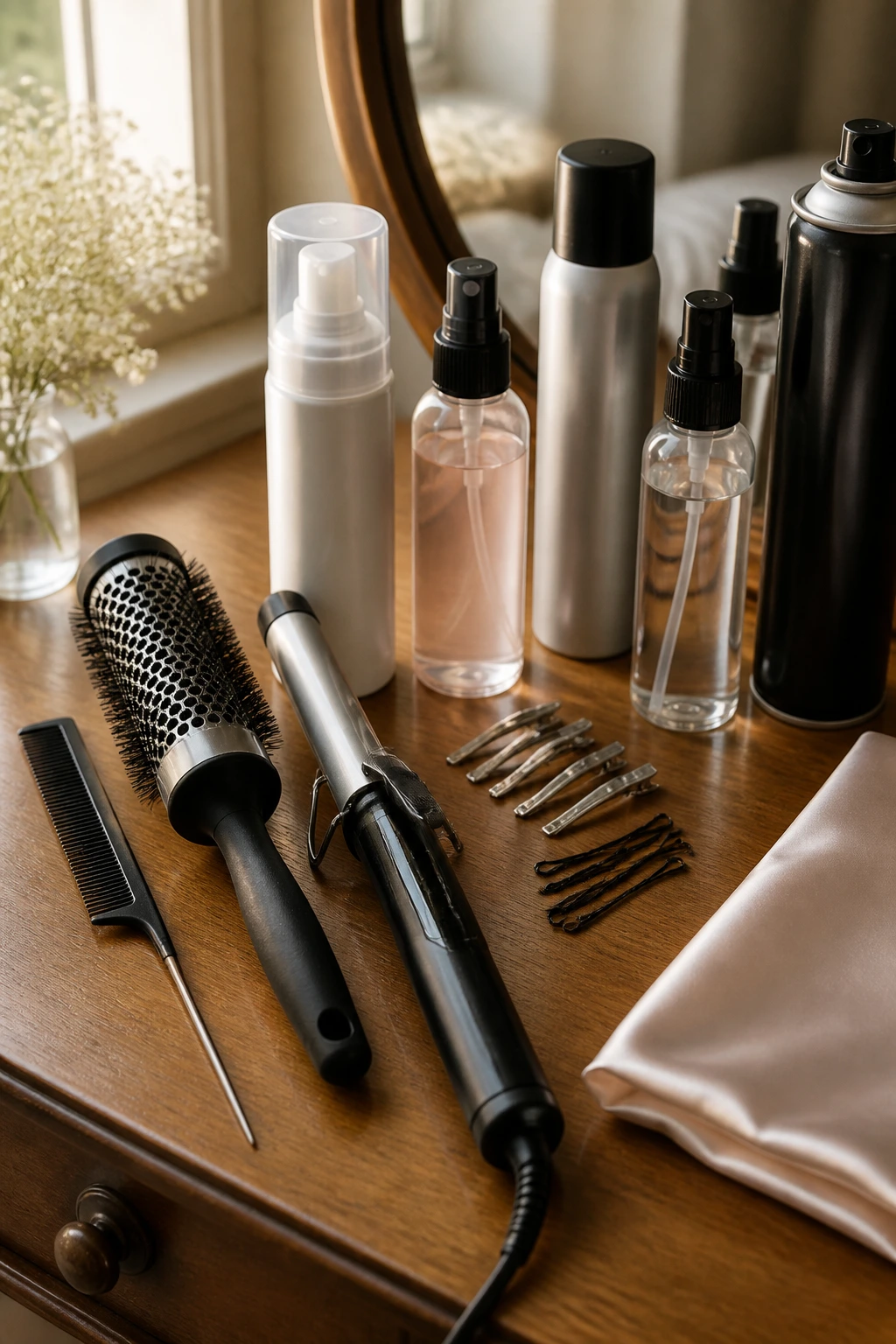Close-up of essential hair tools arranged on a vanity for fine hair styling