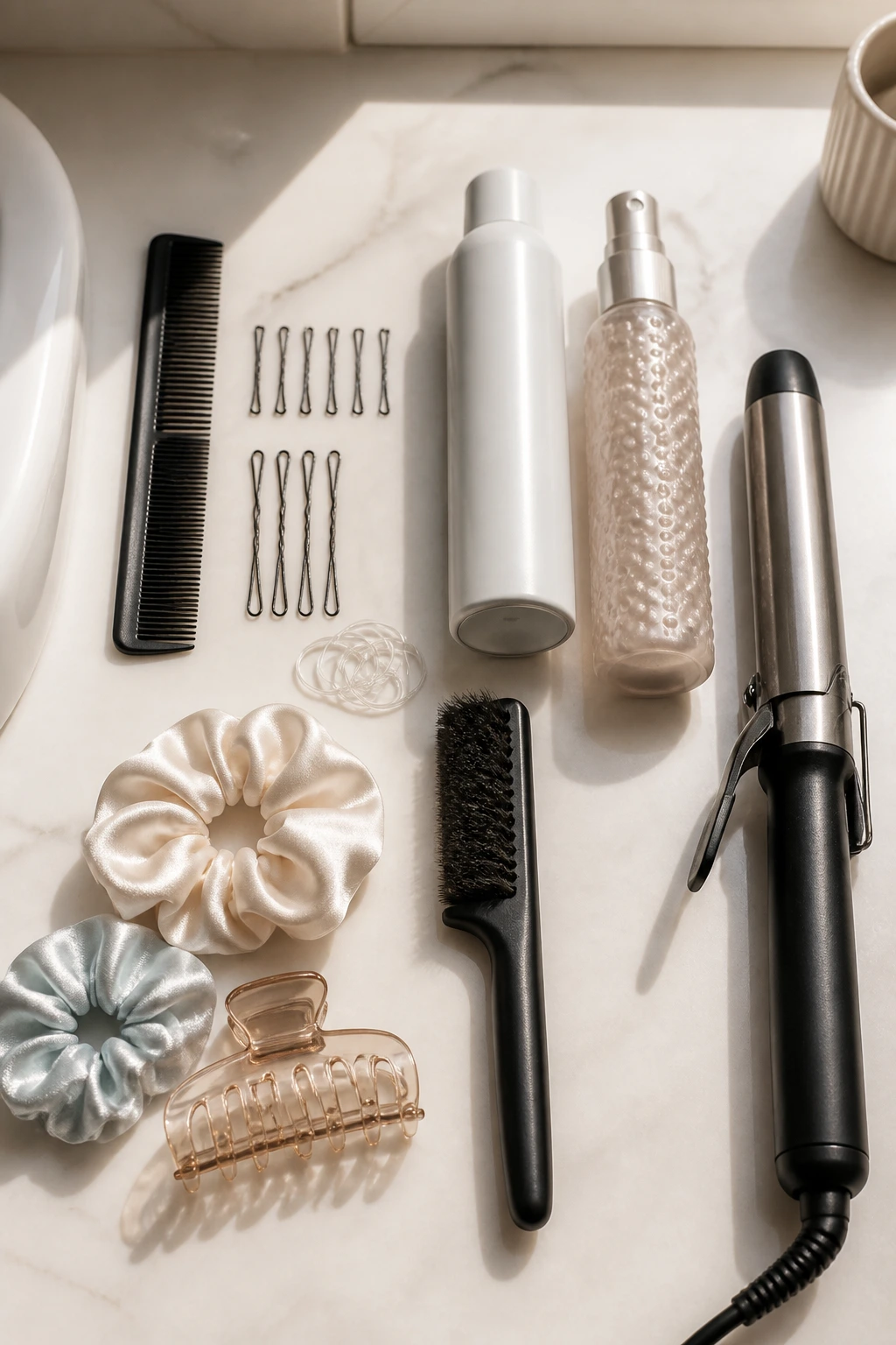 Top-down still life of essential hair tools arranged on a clean surface