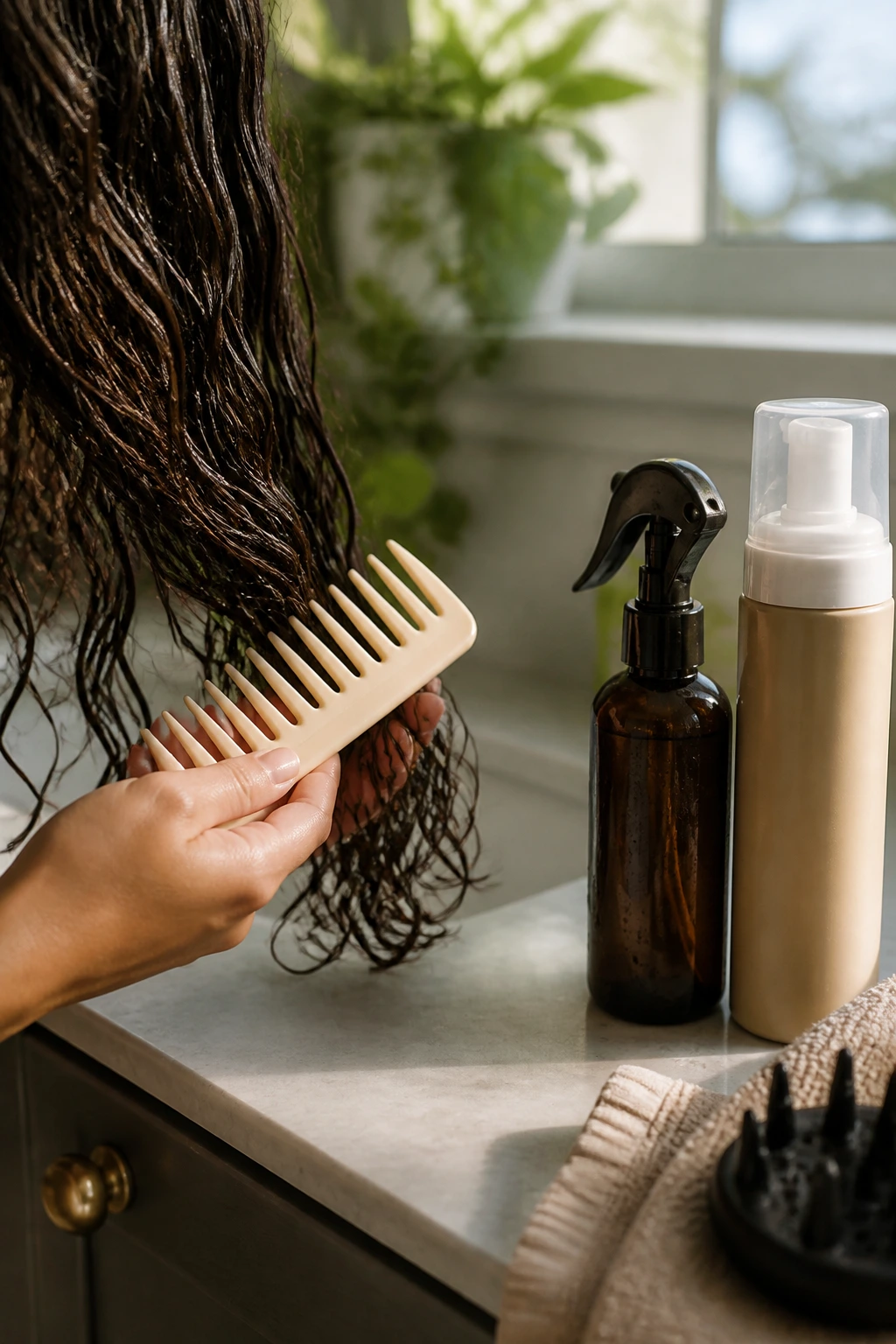 Close-up of hands with wide-tooth comb and products in a bathroom setting