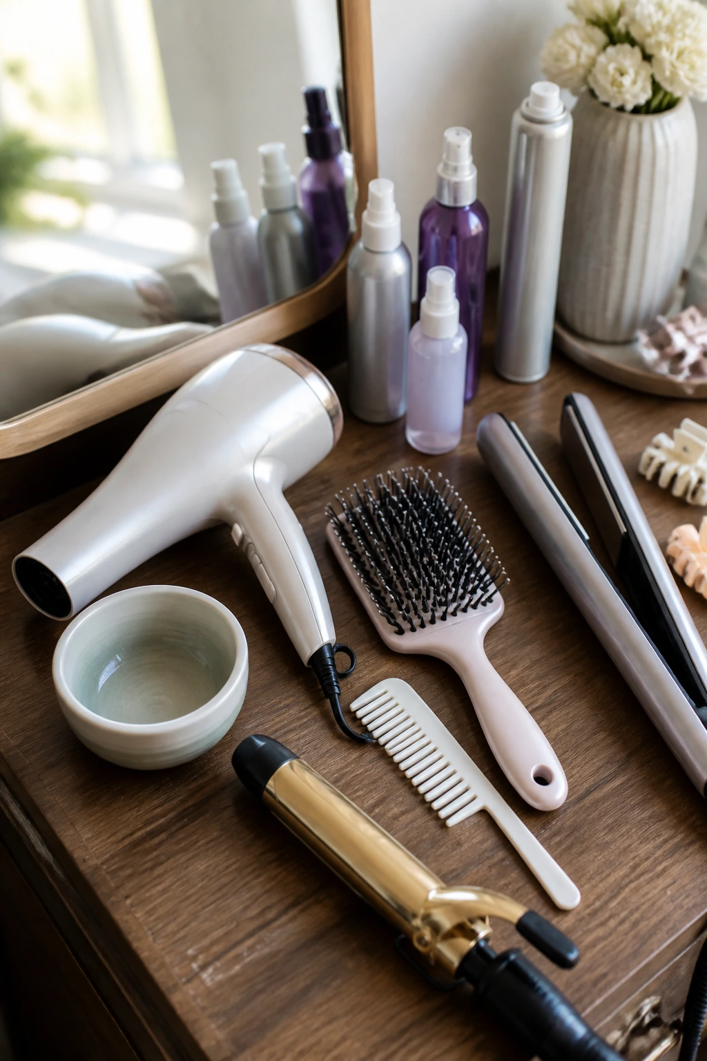 Top-down view of essential hair tools on a vanity