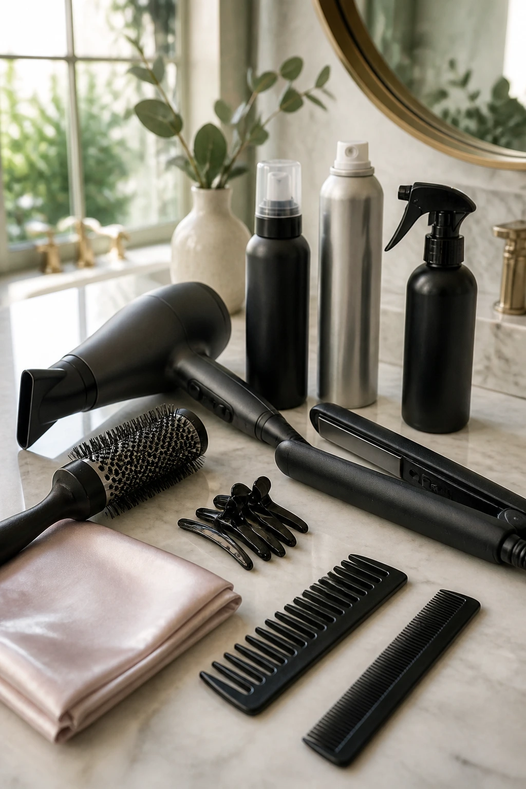 Top-view of essential hair styling tools arranged on a bathroom counter.