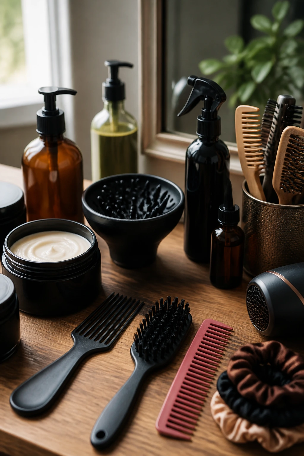 Close-up of essential hair tools and products on a vanity
