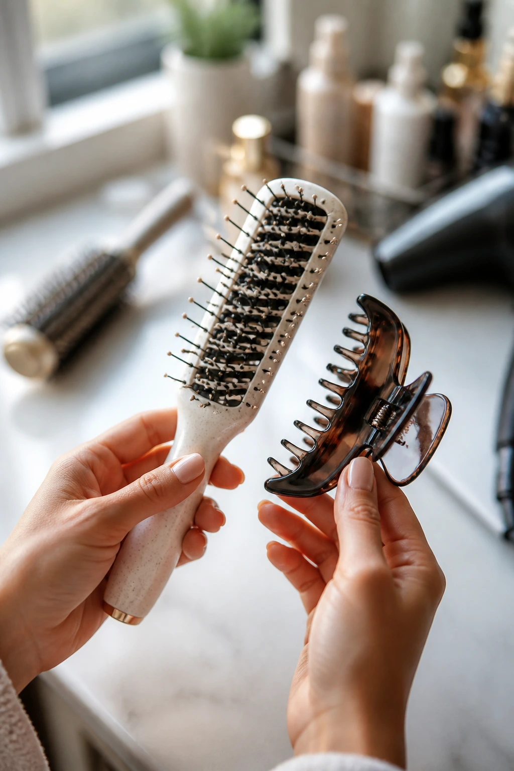Hands holding a vent brush and a claw clip among hair tools for fluffy hairstyles.