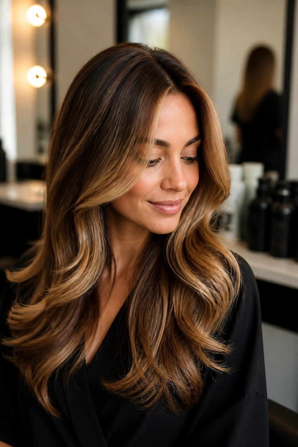 Real woman with glossy caramel hairstyle in a softly lit salon