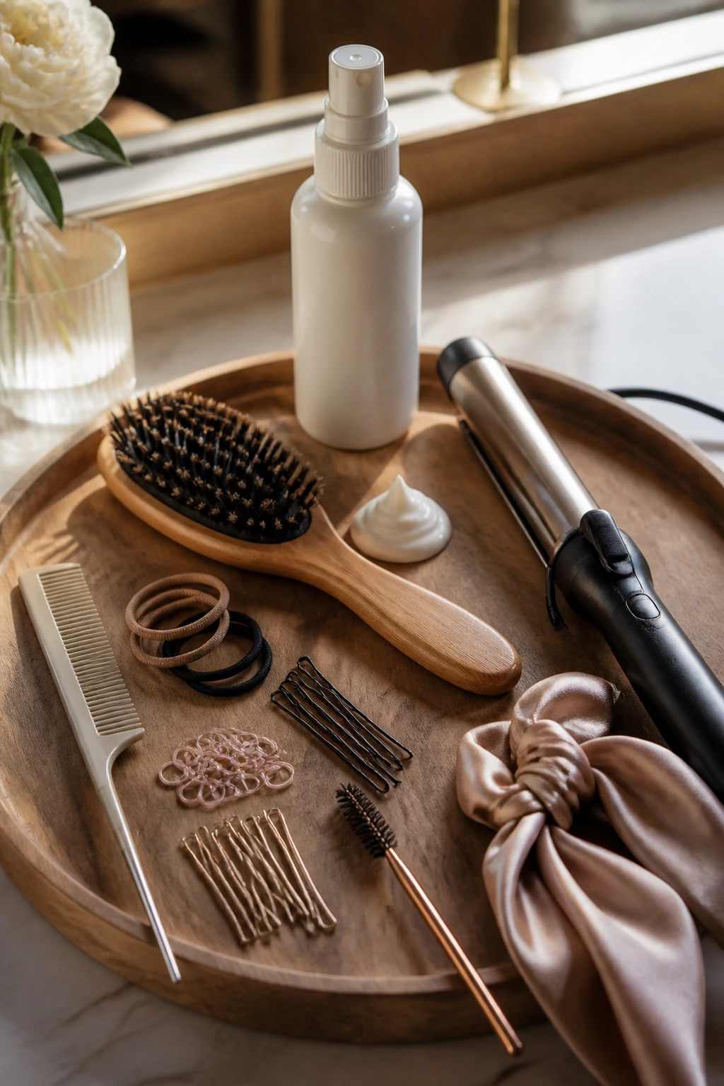 Close-up of essential hair tools and products arranged on a vanity for styling long ponytails