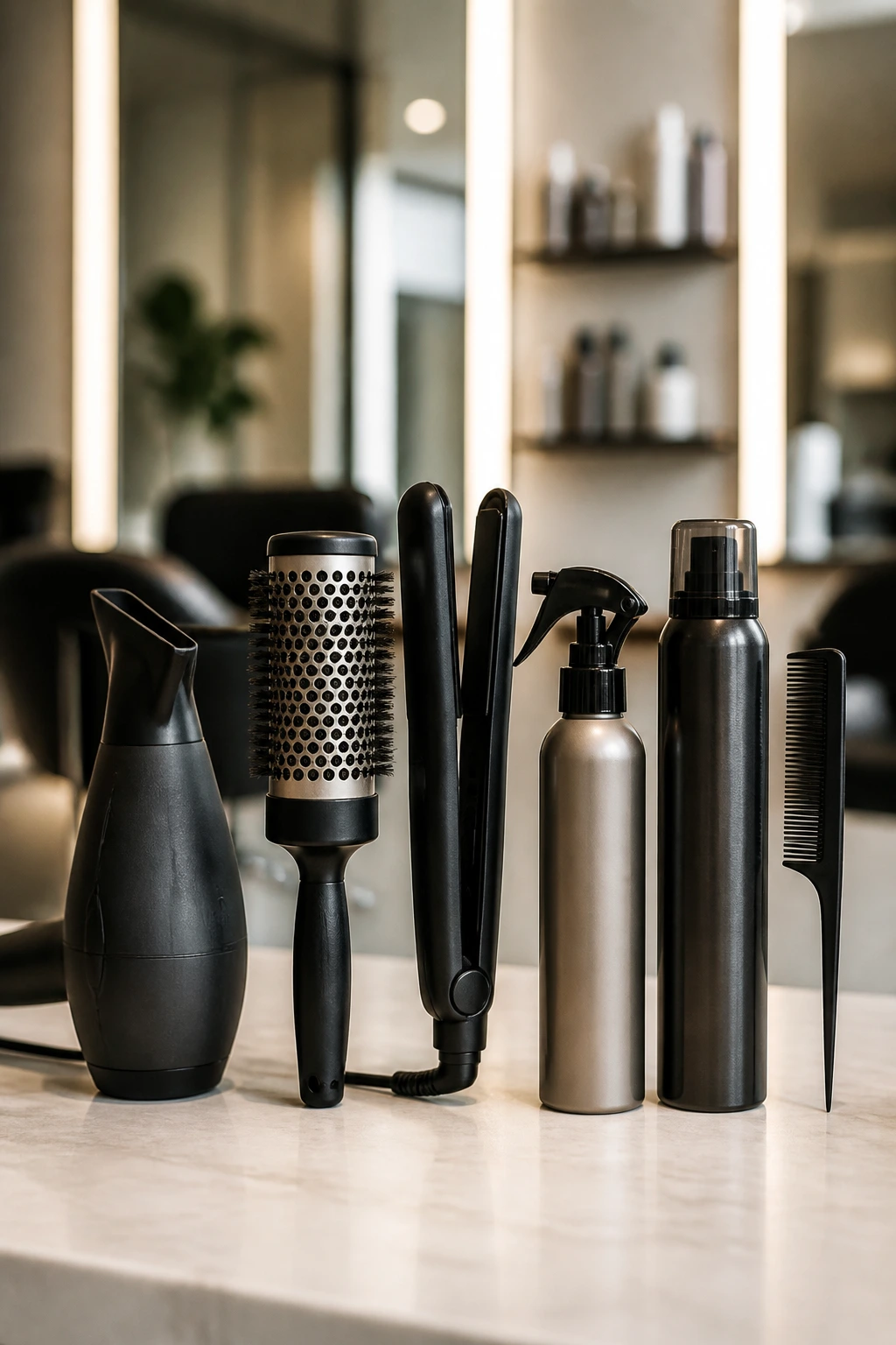 Tools for feathered hair styling arranged on a salon counter
