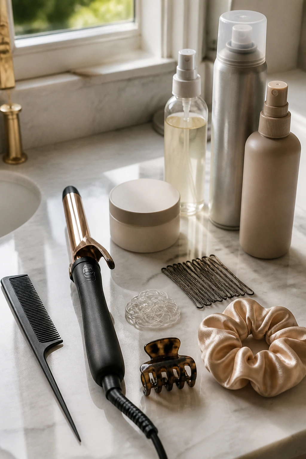 Close-up of essential hair tools for fine hair on a bathroom counter