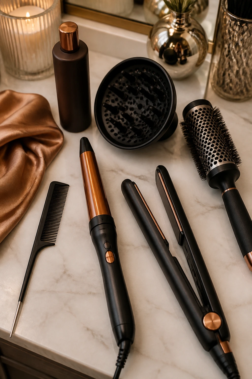 Flat lay of essential hair tools for caramel hairstyles on a salon counter