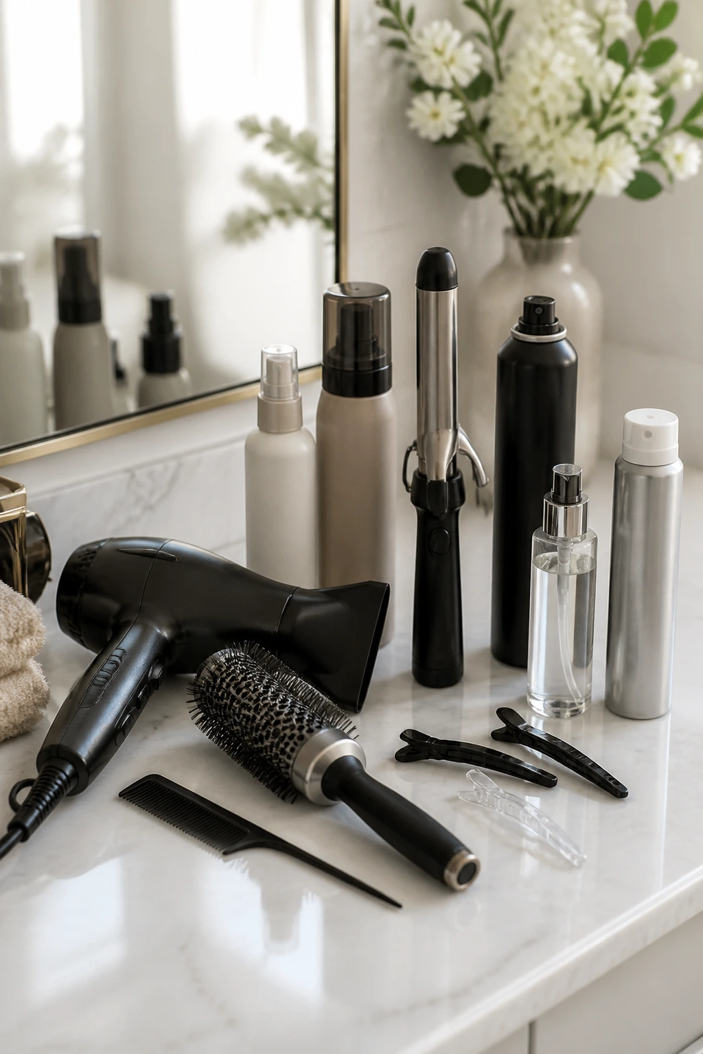 Flat-lay of essential hair styling tools on a vanity for maintenance.