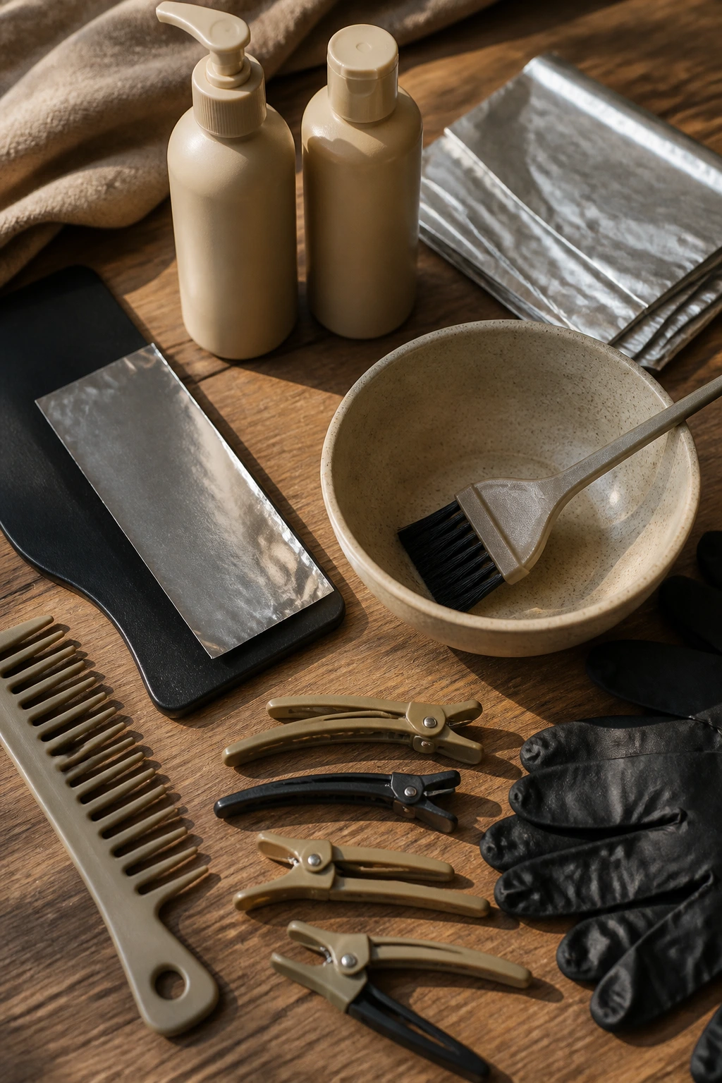 Flat lay of unbranded hair tools for warm blonde looks