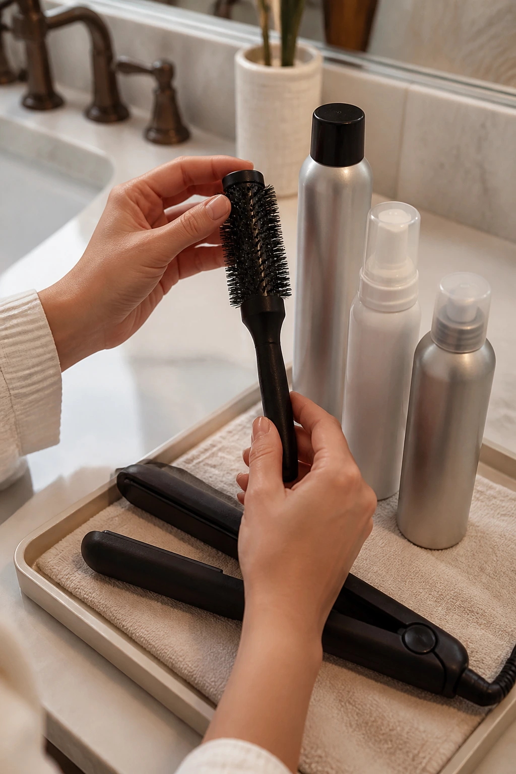 Close-up of hair tools on a vanity for bangs shaping