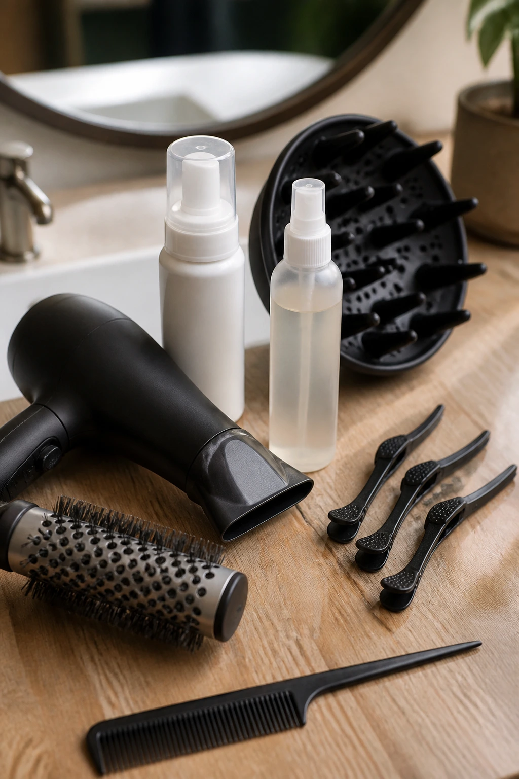 Close-up of hair tools for fringe styling arranged on a counter