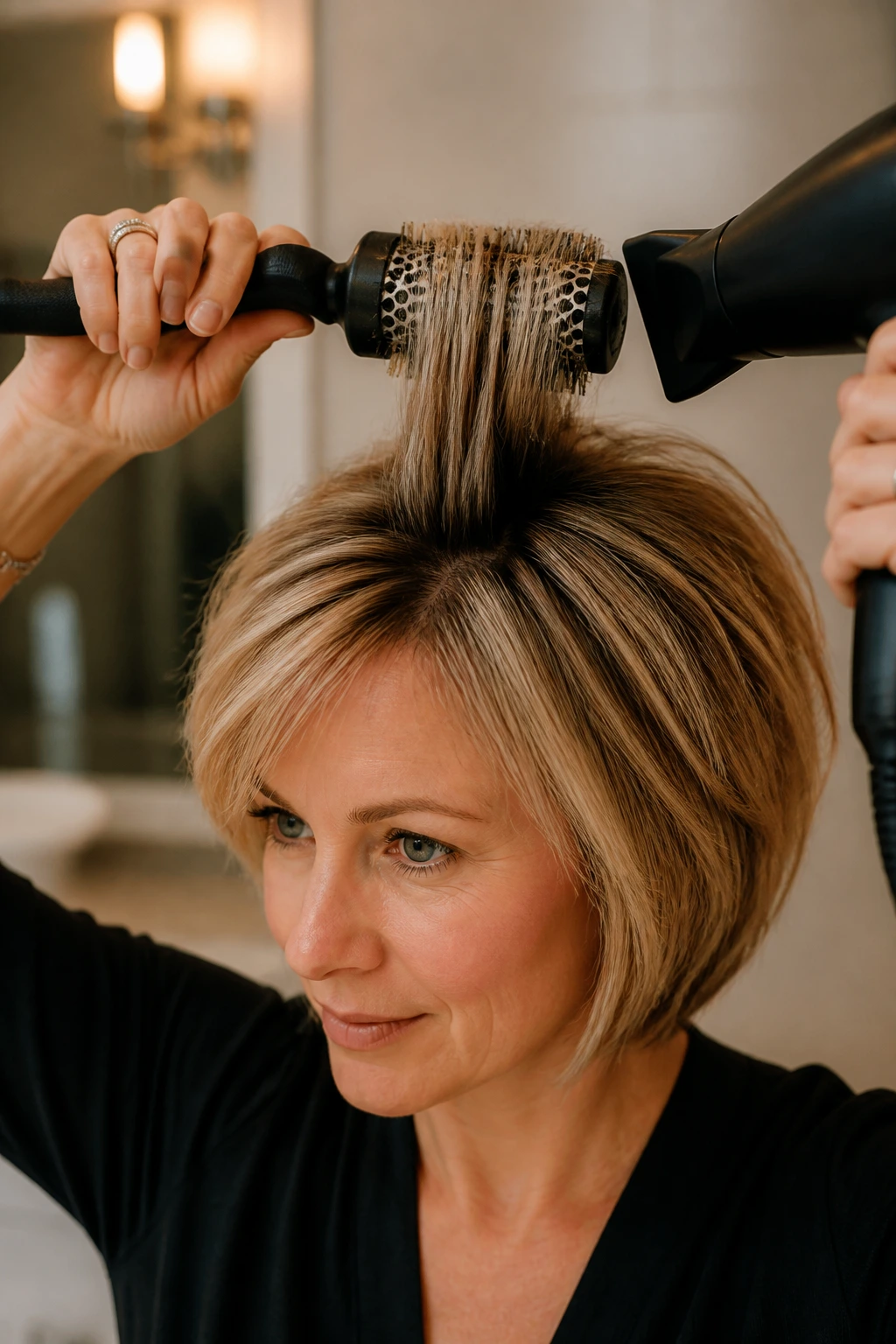 Woman using a round brush to lift hair at the crown