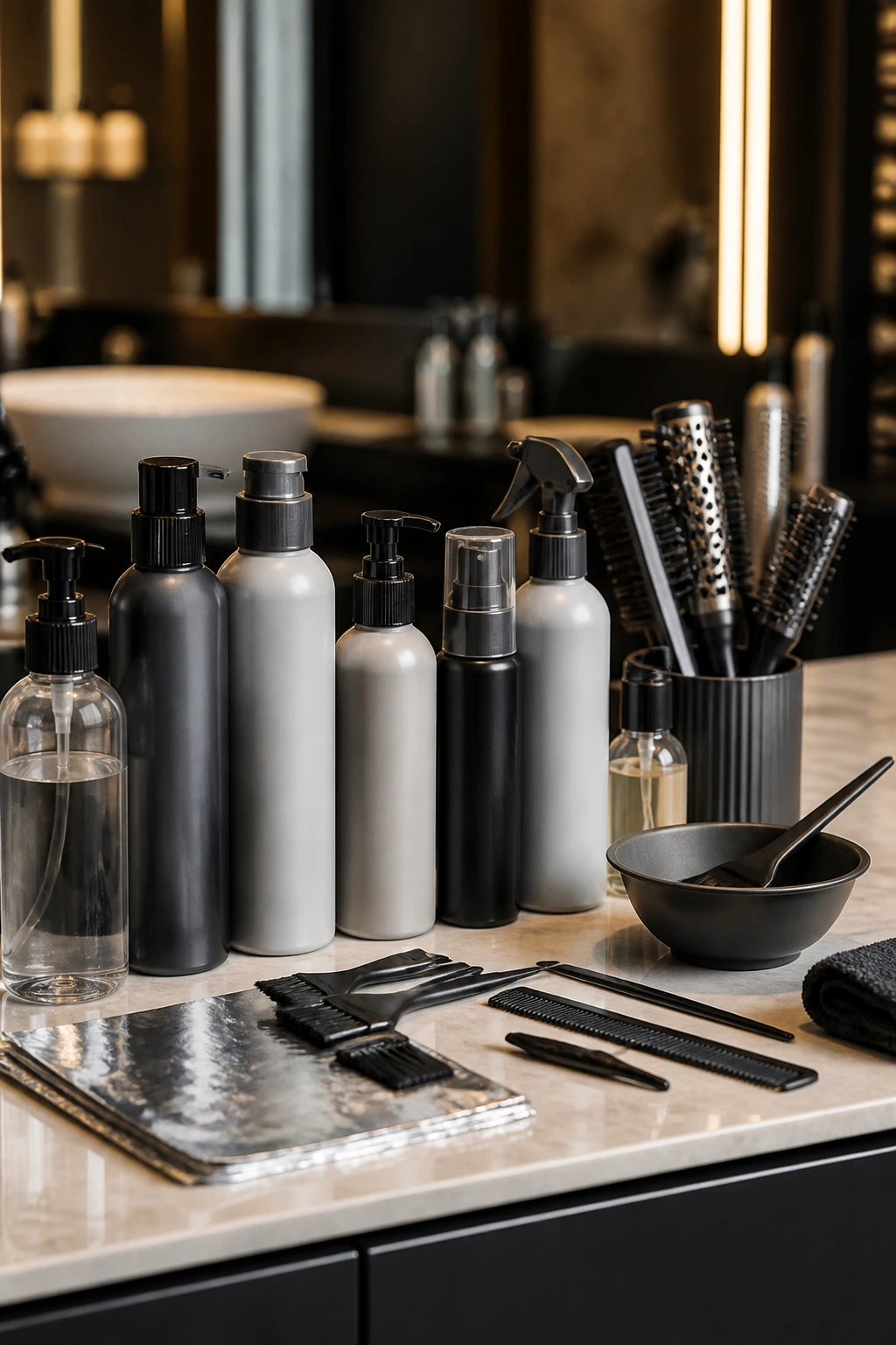 Close-up of a label-free lineup of hair tools and products on a salon counter for grey-dark looks