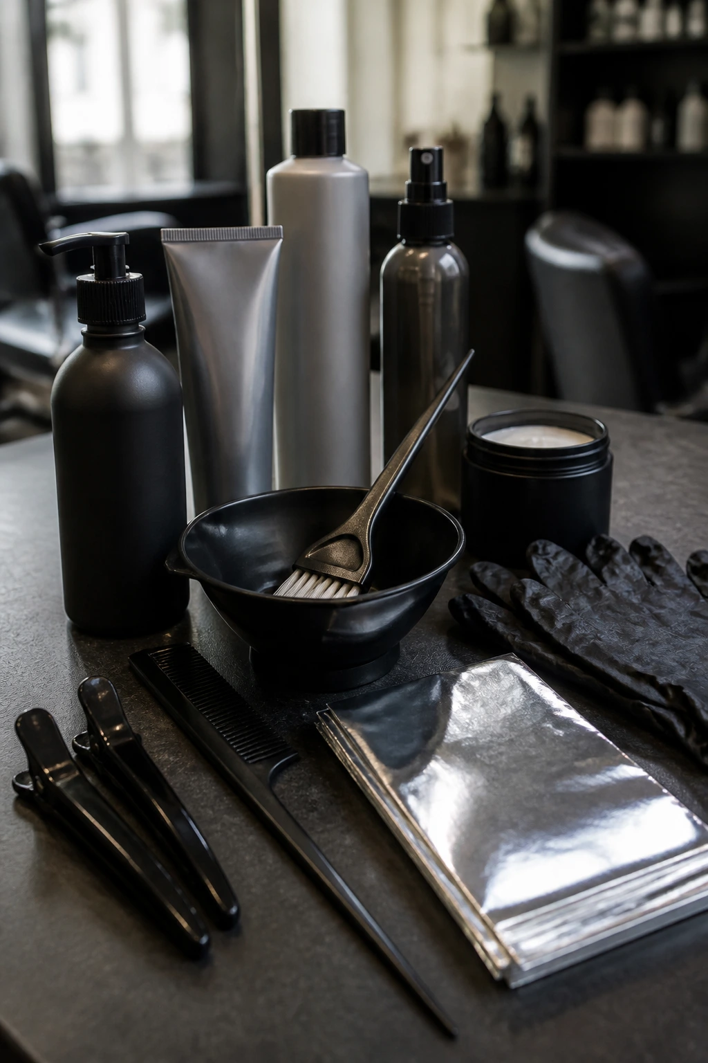 Close-up of grey-black hair tools on a salon counter