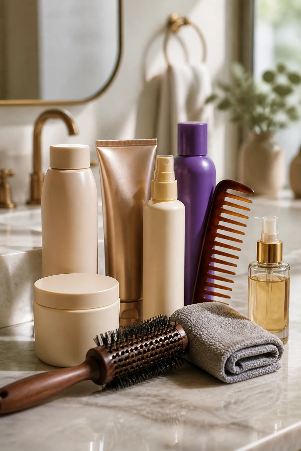 Close-up of blank-labeled haircare tools on a bathroom counter.