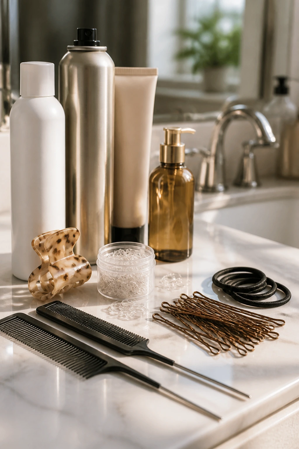 Close-up of essential hair tools for half-bun setup on bathroom counter