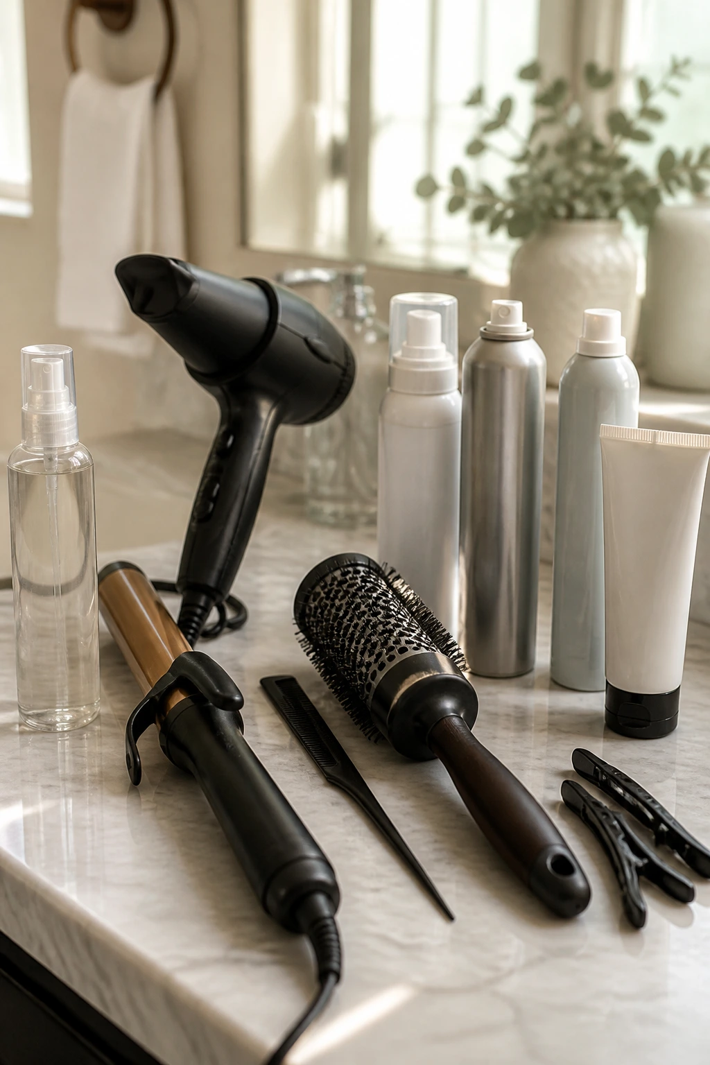 Close-up of hair tools and products on a bathroom counter ready for styling