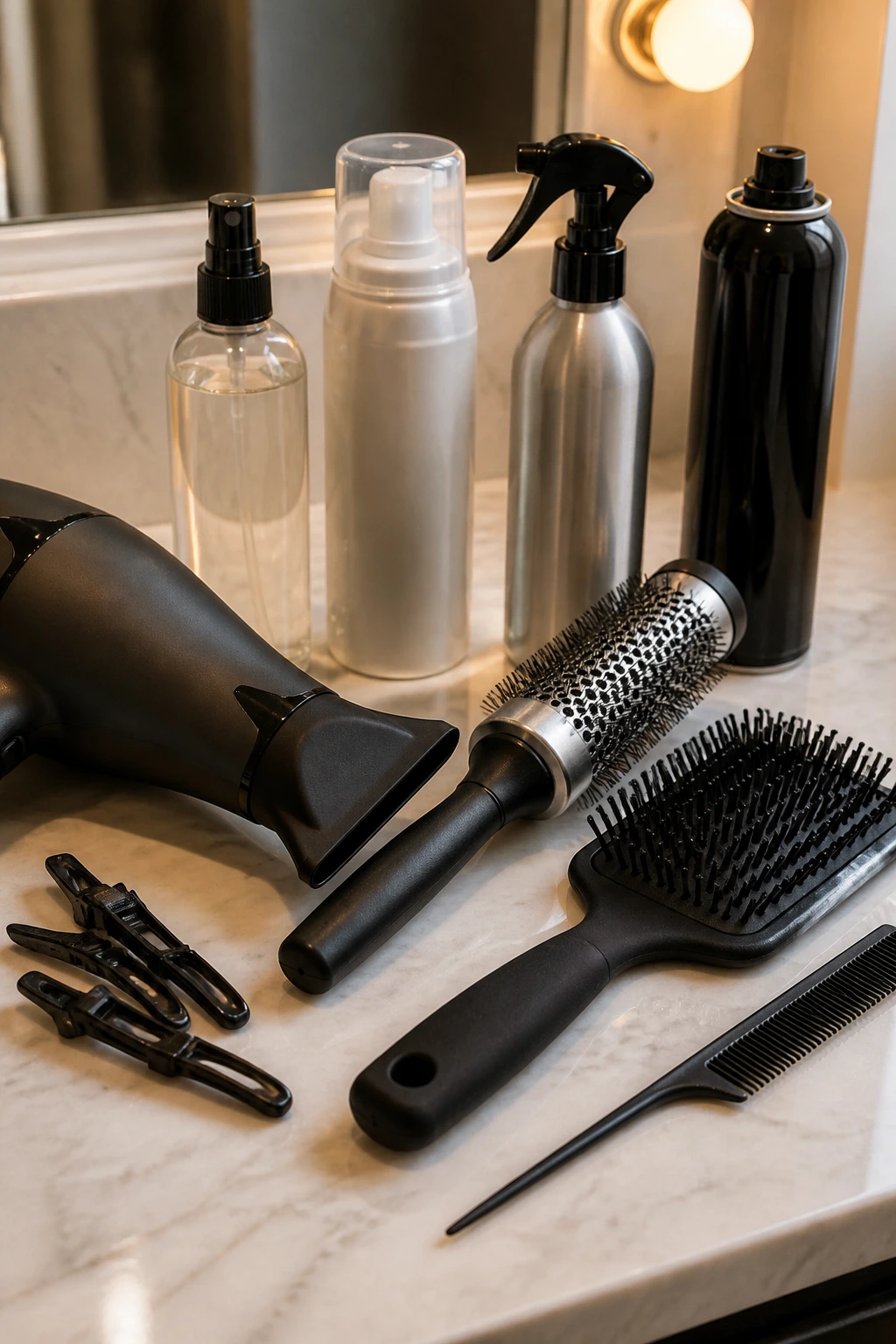 Close-up of styling tools and products for shaping A-line bob
